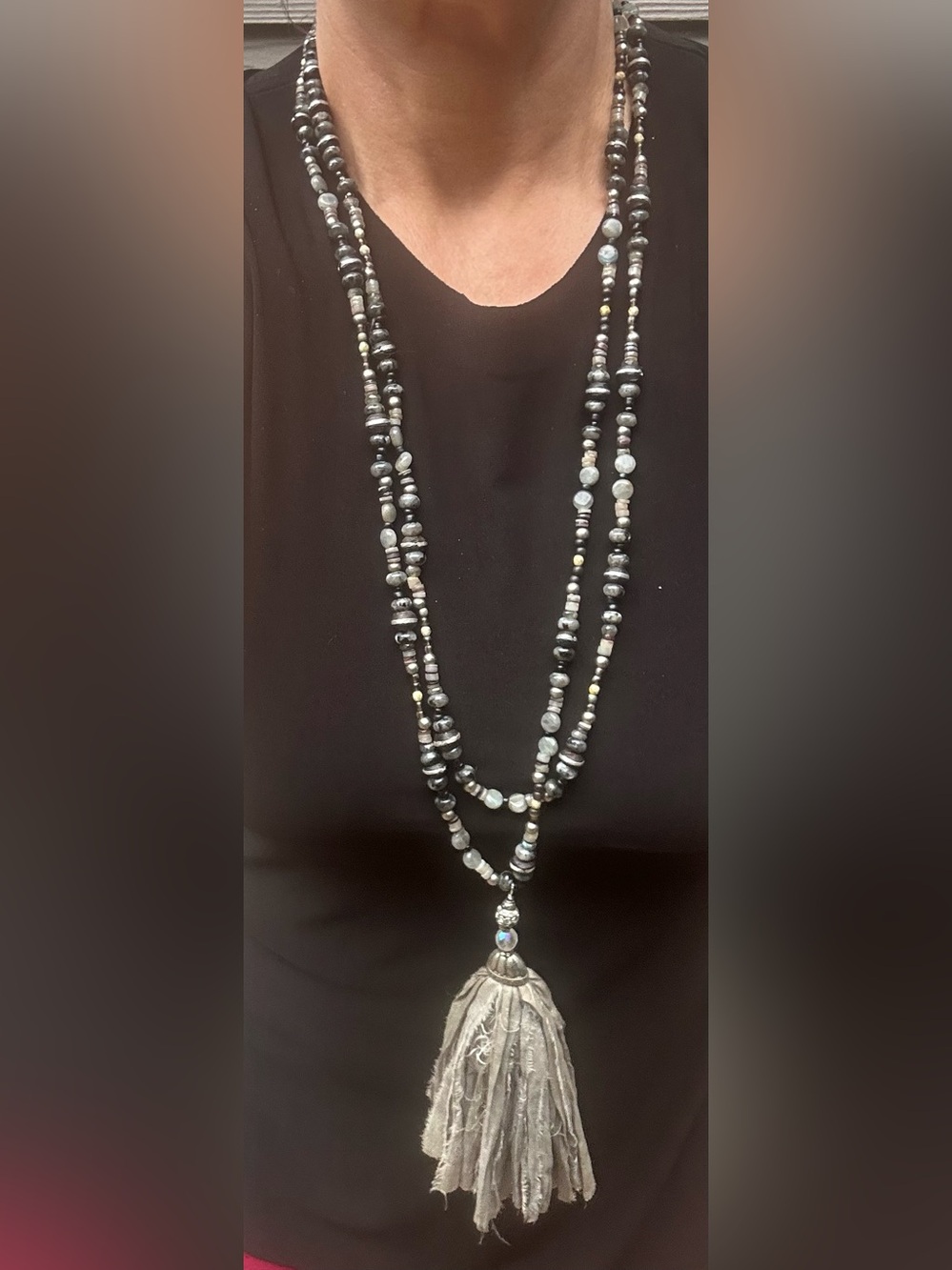 NWOT Set of 2 Artisan Black and Silver Layered Beaded Necklace with Grey Tassel